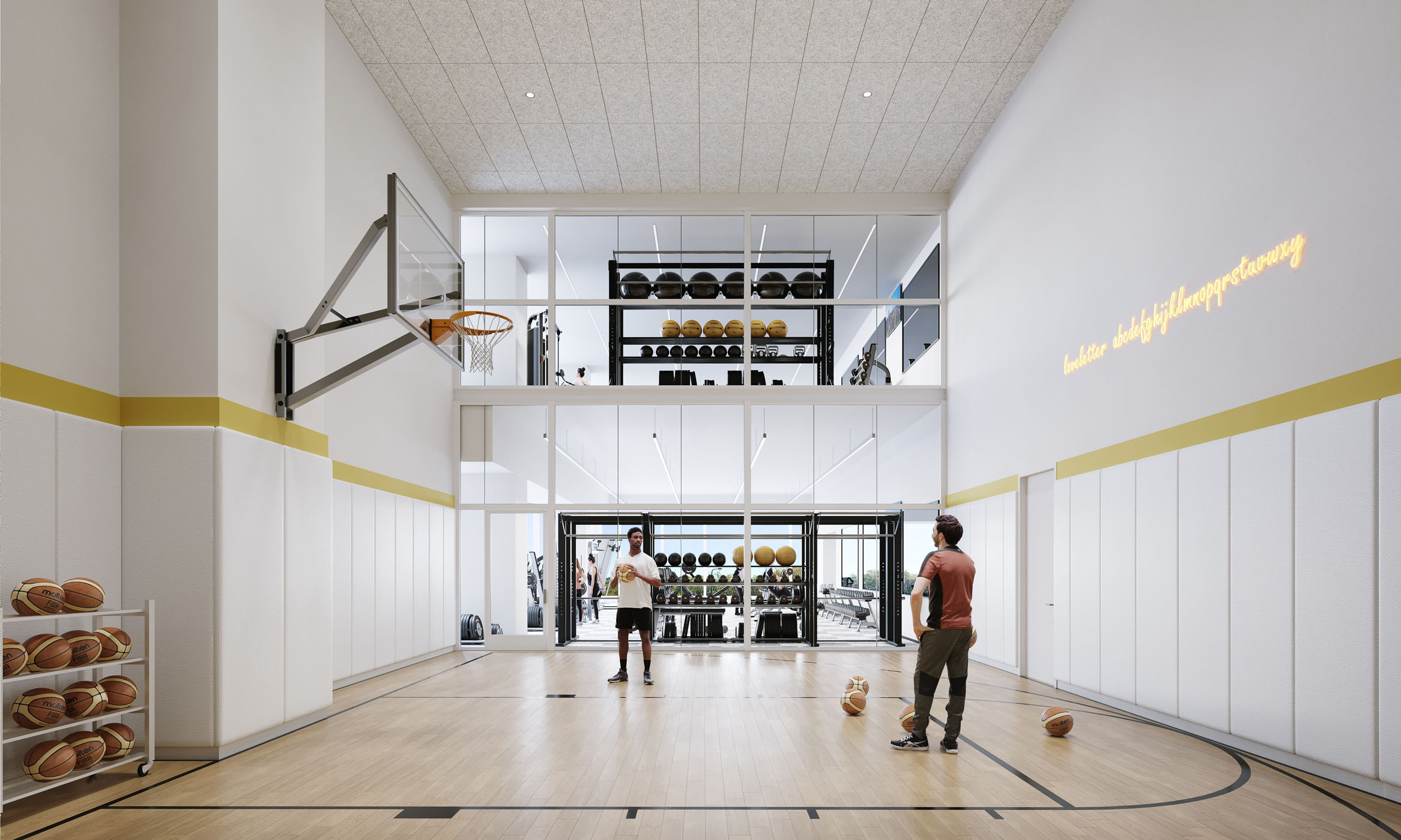 1000M indoor half court basketball court rendering with people playing