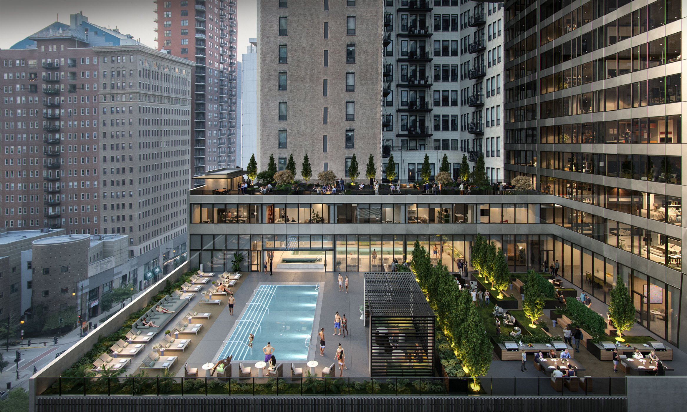 1000M Outdoor 2-level pool, sundeck, social garden, and zen garden rendering