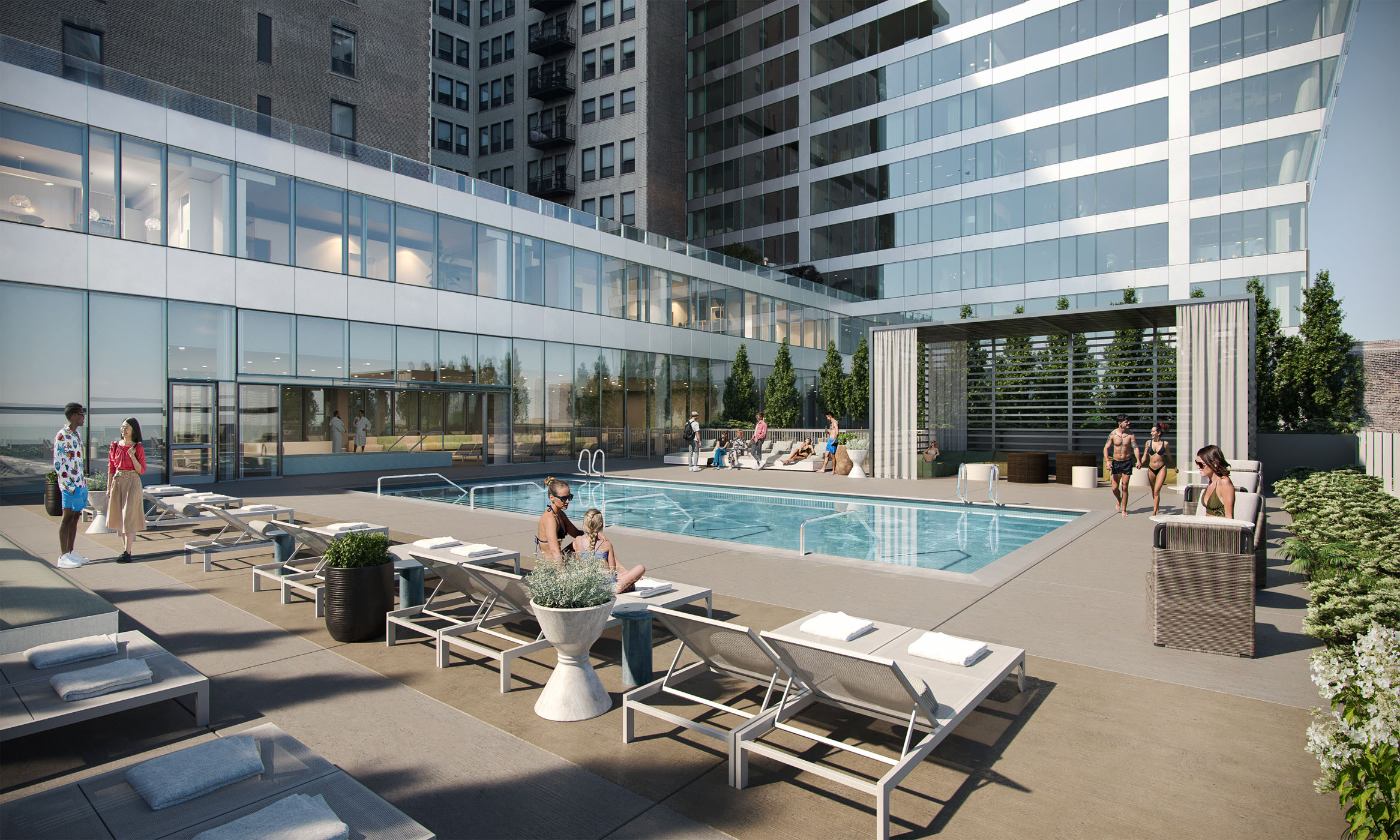 1000M outdoor pool and sundeck rendering with people lounging