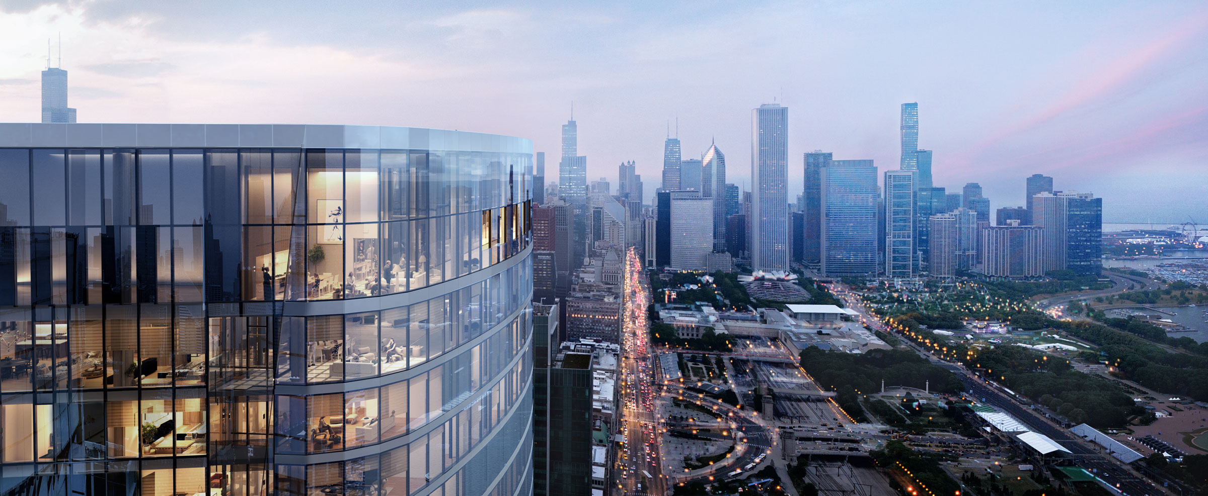 1000M Top rooftop rendering chicago skyline dusk
