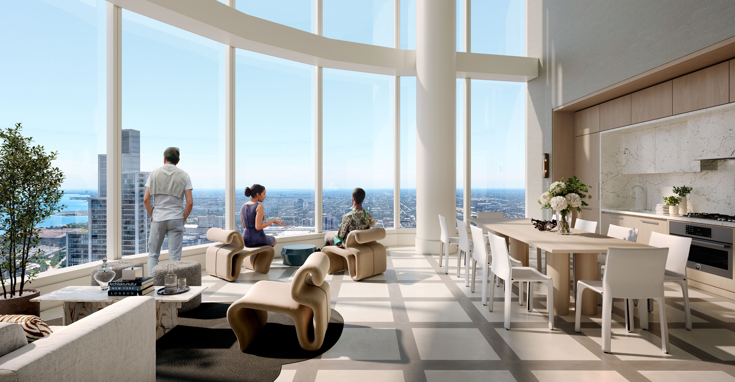 1000M Rooftop Observation Dining Lounge with people overlooking the city skyline and lake, designer furniture and kitchen.