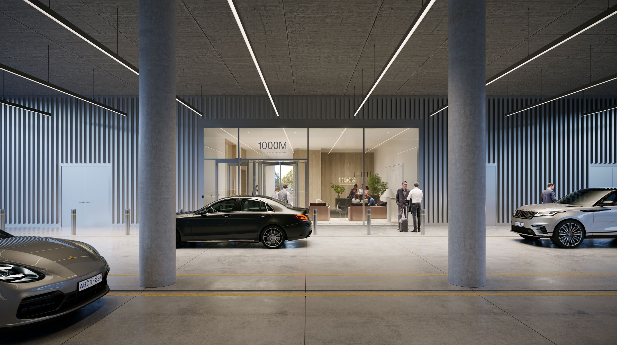 1000M Rental Residences Porte Cochere covered entrance with luxury cars 