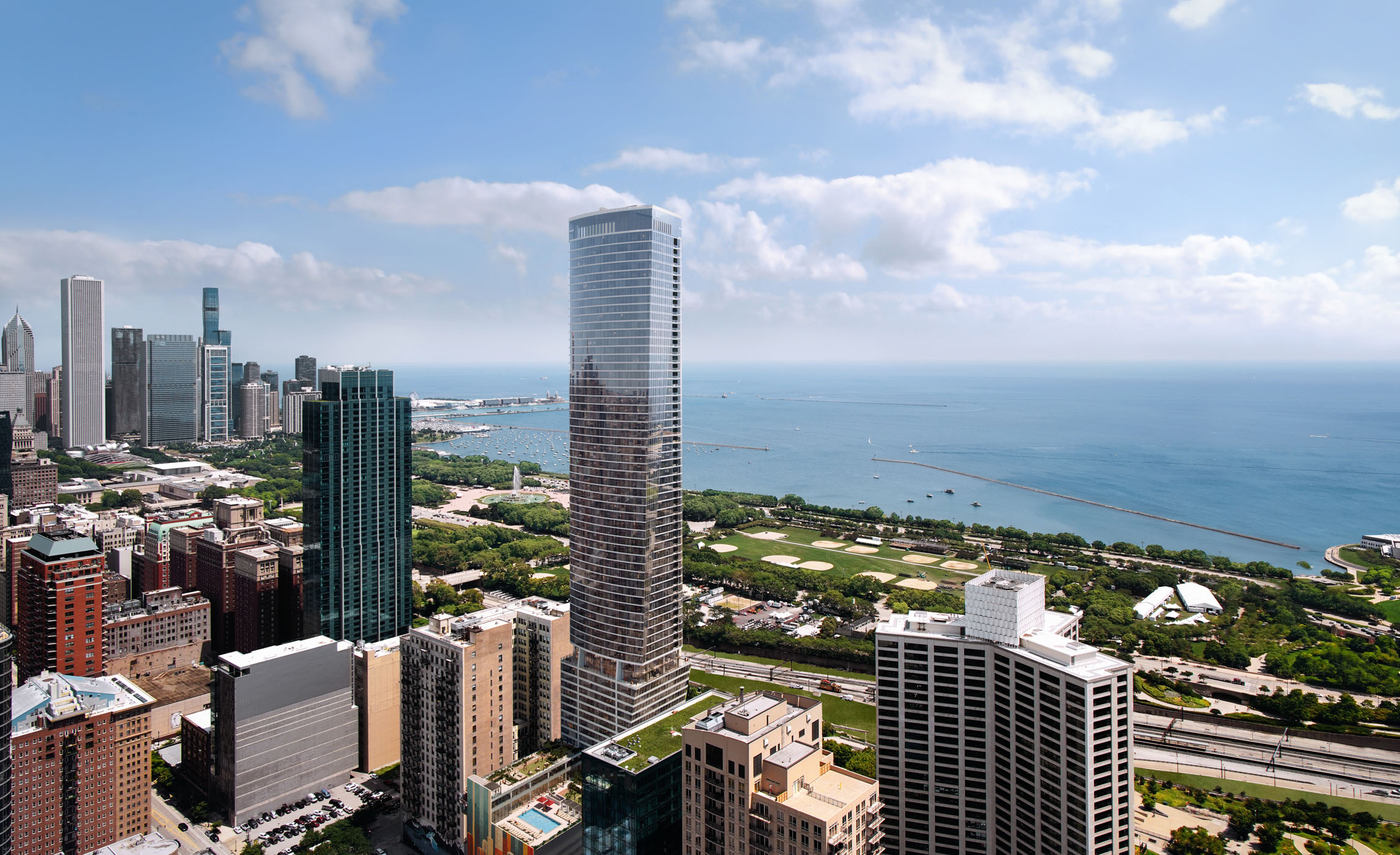 1000M Exterior Rendering overlooking Lake Michigan and Grant Park Downtown Chicago